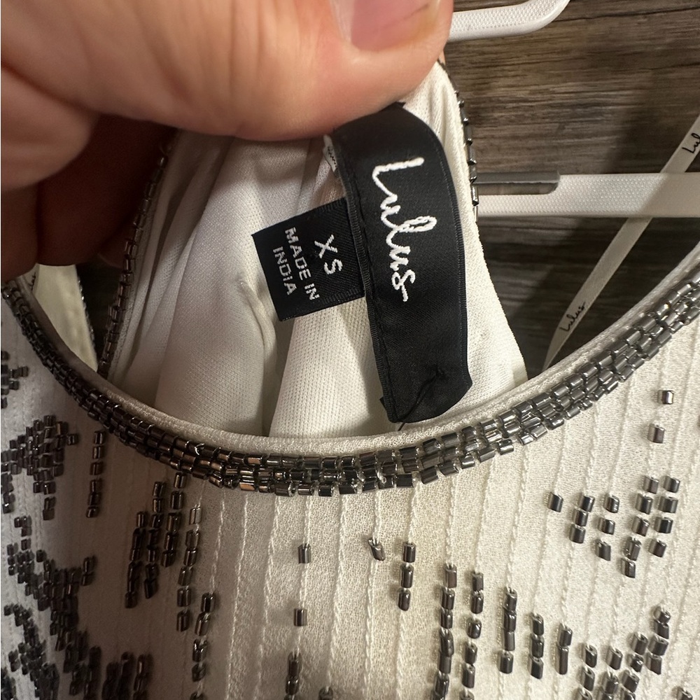 Lulu's Silver Beaded White Romper Jumpsuit with Open Back - Picture 9 of 9